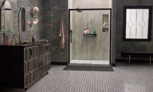 A new walk-in shower with a dark gray design