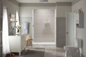 A beautiful bathroom with a walk-in shower and vanity area