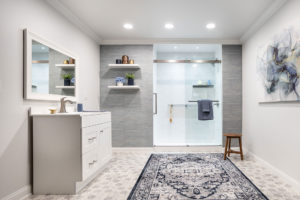 A walk-in shower in a newly remodeled bathroom