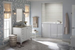 A walk-in bathtub in a newly renovated bathroom