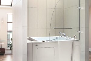 A walk-in bathtub featuring ergonomic seating and luxurious water jets