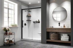 A  modern walk-in shower with corner caddies and a wall shelf