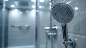 A luxurious walk-in shower with reinforced support features